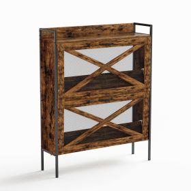 A shoe cabinet with 2 flip-top drawers, an entryway shoe cabinet, a narrow standalone shoe rack cabinet with metal legs, Rustic Brown
