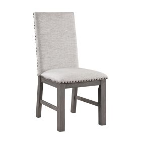 Dining Chairs 2pc Set Beige Fabric Upholstered Seat and Back Nailhead Trim Gray Finish Wood Frame Rustic Design Dining Furniture