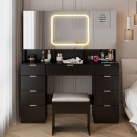 Large Vanity Table Set with 3 Opening Mirrors and LED Lights, Vanity Table with Full Storage Behind Mirror