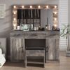 Vanity Desk Set with Large Lighted Mirror and Powre Outlet, Glass Top Makeup Vanity with 3 Drawers and 2 Cabinets, Vanity Table with 12 LED Lights