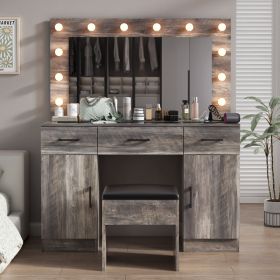 Vanity Desk Set with Large Lighted Mirror and Powre Outlet, Glass Top Makeup Vanity with 3 Drawers and 2 Cabinets, Vanity Table with 12 LED Lights