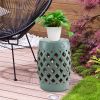Outsunny 13" x 18" Ceramic Garden Stool with Woven Lattice Design & Glazed Strong Materials Decorative End Table, Antique Blue