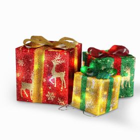 Star-Deer Pattern Options -- Set Of 3 Christmas Lighted Gift Boxes Xmas Present Ornament 50 LED Christmas Box Decorations With Ribbon Bows IP44 Waterp (Option: Deer)