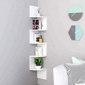 Wood Corner 5 Tiers Wall Shelf Zig Zag Wooden Shelves Wooden Mount Rack Home Furniture Walnut Floating Shelves Wall Mounted (Color: White)