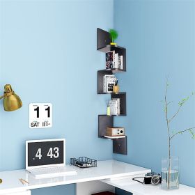Wood Corner 5 Tiers Wall Shelf Zig Zag Wooden Shelves Wooden Mount Rack Home Furniture Walnut Floating Shelves Wall Mounted (Color: Black)