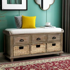 Rustic Storage Bench with 3 Drawers and 3 Rattan Baskets,Shoe Bench for Living Room,Entryway (Material: Solid Wood, Color: White Washed)