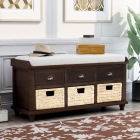 Rustic Storage Bench with 3 Drawers and 3 Rattan Baskets,Shoe Bench for Living Room,Entryway (Material: Solid Wood, Color: Espresso)