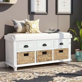 Rustic Storage Bench with 3 Drawers and 3 Rattan Baskets,Shoe Bench for Living Room,Entryway (Material: Solid Wood, Color: White)