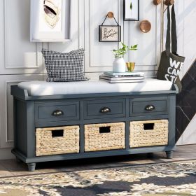 Rustic Storage Bench with 3 Drawers and 3 Rattan Baskets,Shoe Bench for Living Room,Entryway (Material: Solid Wood, Color: Antique Navy)